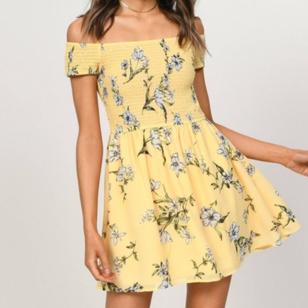 Gemma Yellow Smocked Floral Skater Dress